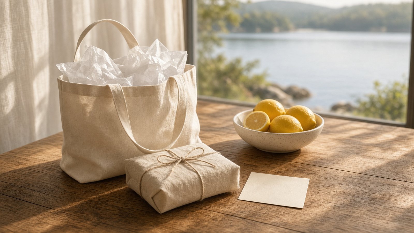 Getaway Gifts — a welcome tote on a sunlit kitchen island