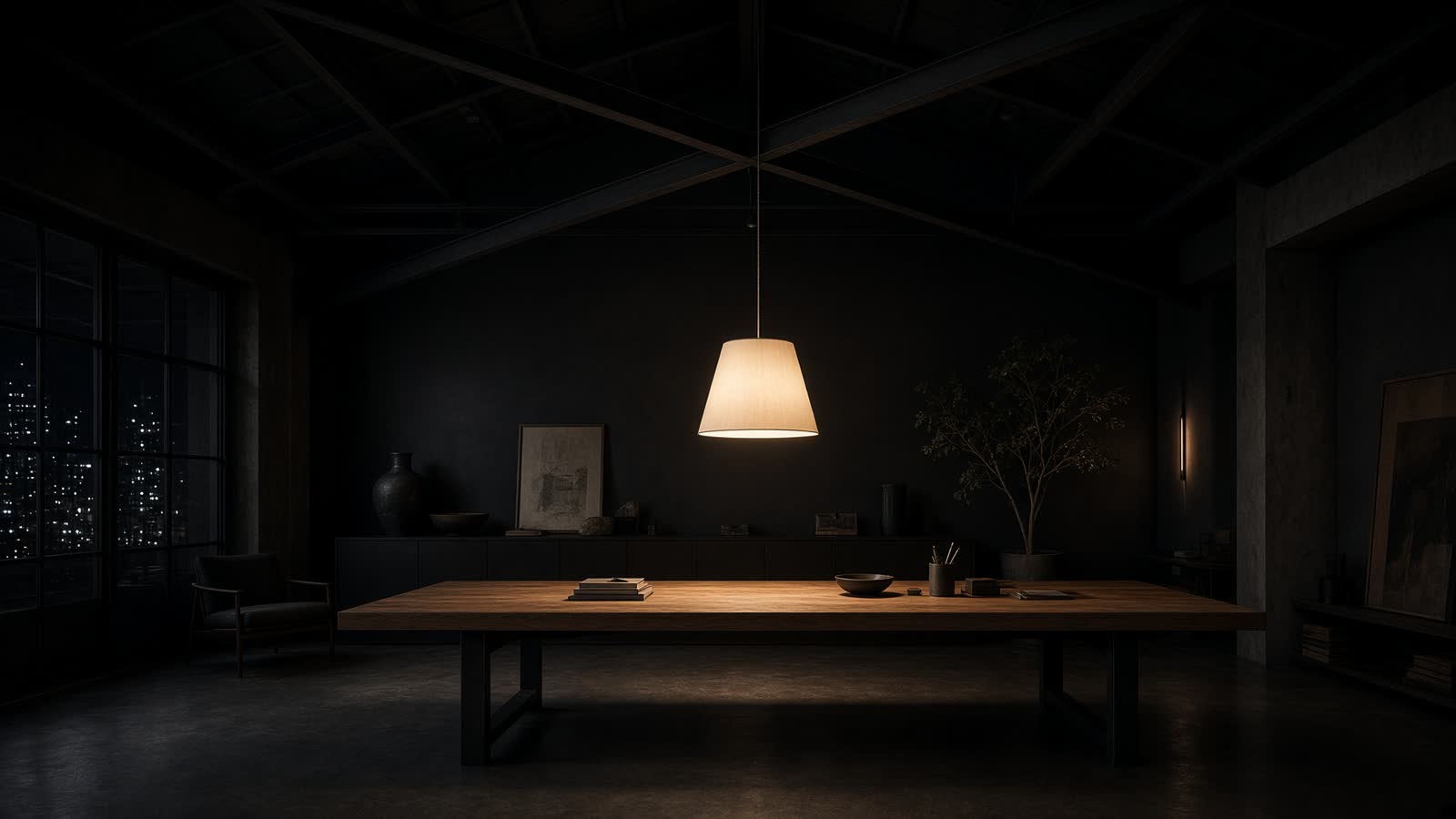 Studio interior — a long table under a single lamp.
